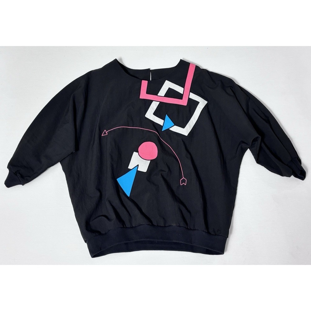 Vintage 1980s Batwing Geometric Graphic Top Black Pink Blue Pullover Nylon Blend
